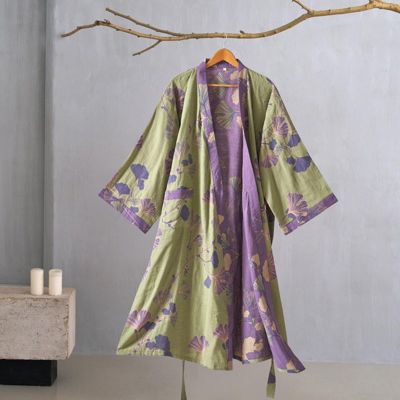 Purefair 100% Cotton Gauze Ginkgo Leaf Kimono Robe, Long Knit Loose Loungewear Bathrobe Nightgown Ladies Sleepwear for Women - Image 2