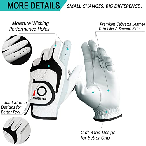 FINGER TEN Golf Gloves Men Right Left Handed Golfer 3/6 Pack Mens Golf Glove Left Right Hand Soft Cabretta Leather All Weather Grip Size S M ML L XL (White-6 Pack, Large, Left) - Image 3