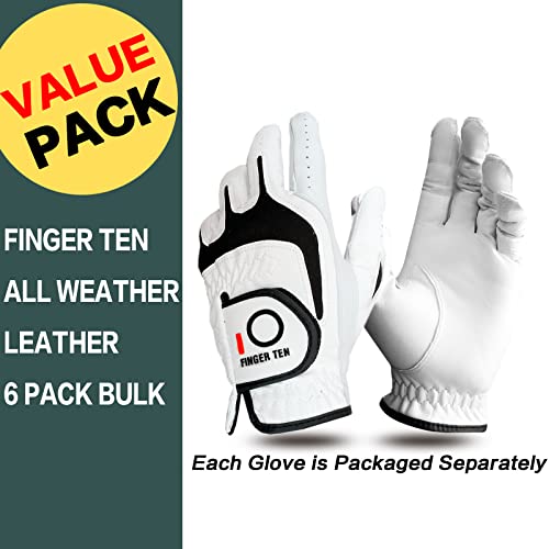 FINGER TEN Golf Gloves Men Right Left Handed Golfer 3/6 Pack Mens Golf Glove Left Right Hand Soft Cabretta Leather All Weather Grip Size S M ML L XL (White-6 Pack, Large, Left) - Image 2