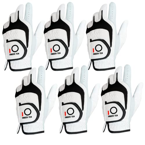 FINGER TEN Golf Gloves Men Right Left Handed Golfer 3/6 Pack Mens Golf Glove Left Right Hand Soft Cabretta Leather All Weather Grip Size S M ML L XL (White-6 Pack, Large, Left) - Image 1