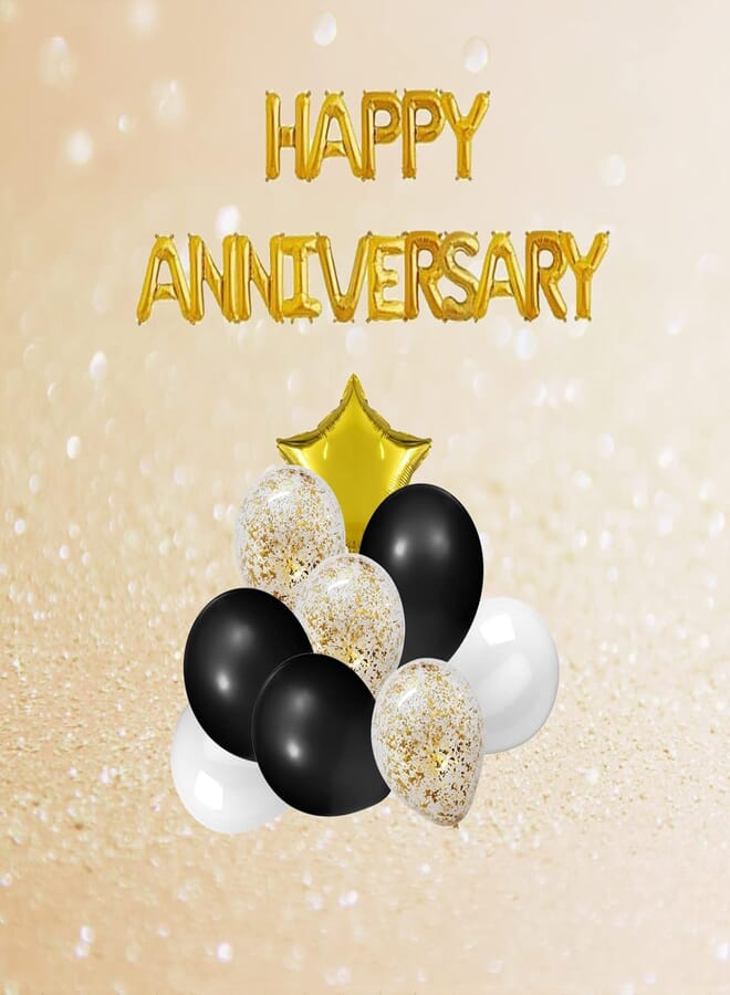 Happy Anniversary Letters Foil Balloons Set With Gold Star, 3 Gold Glitter & Black Balloons and 2 White Balloons Party Decoration Set