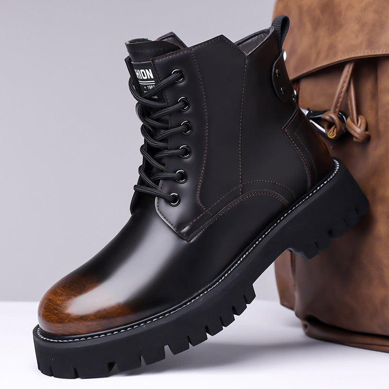 High-Top Martin Boots For Men, Large Leather Shoes, British Style Versatile Workwear Motorcycle Short Boots, Warm Cotton Boots - Image 4