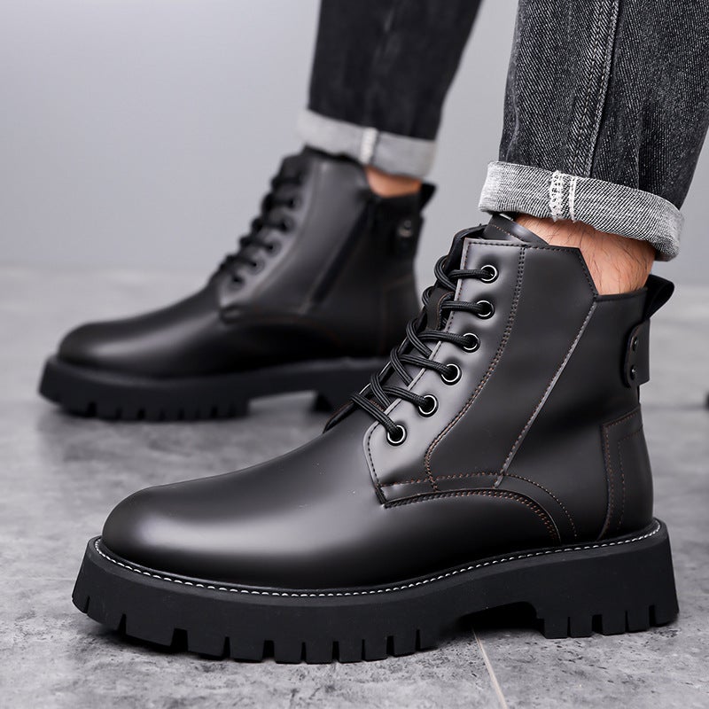 High-Top Martin Boots For Men, Large Leather Shoes, British Style Versatile Workwear Motorcycle Short Boots, Warm Cotton Boots - Image 5