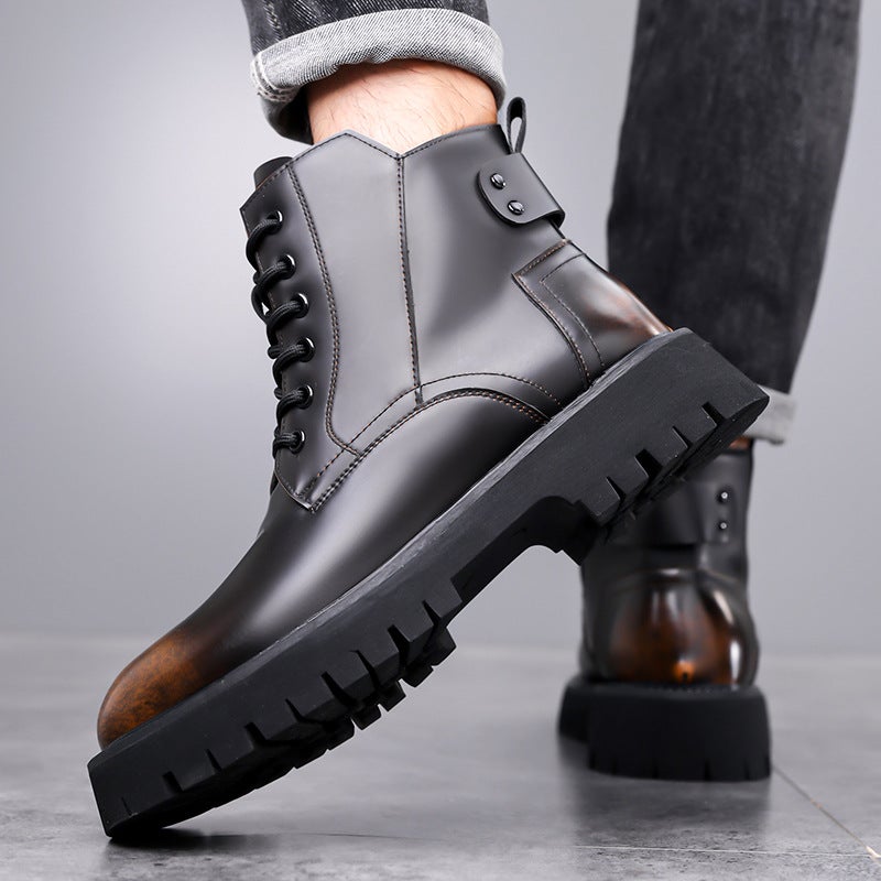 High-Top Martin Boots For Men, Large Leather Shoes, British Style Versatile Workwear Motorcycle Short Boots, Warm Cotton Boots - Image 2