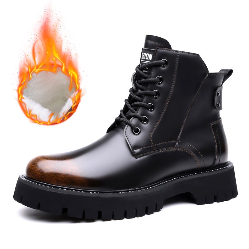 High-Top Martin Boots For Men, Large Leather Shoes, British Style Versatile Workwear Motorcycle Short Boots, Warm Cotton Boots - Image 1