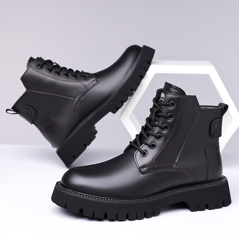 High-Top Martin Boots For Men, Large Leather Shoes, British Style Versatile Workwear Motorcycle Short Boots, Warm Cotton Boots - Image 3