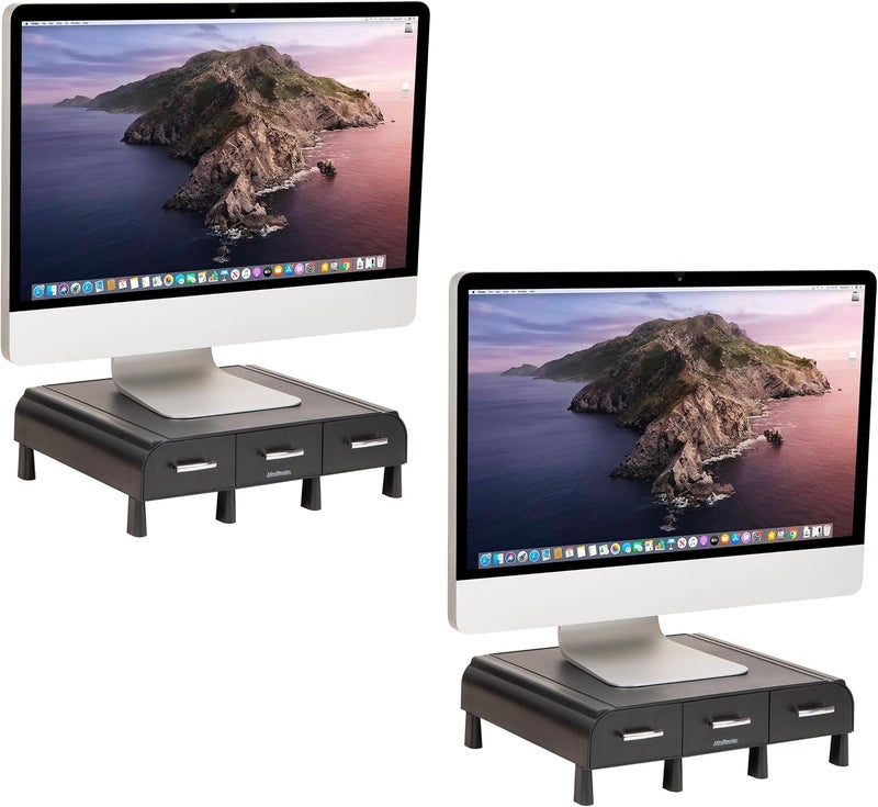 Mind Reader 2MONSTA3D-BLK PC, Laptop, IMAC Monitor Stand and Desk Organizer with 3 Draws for Storage, 2-Pack, Black - Image 1