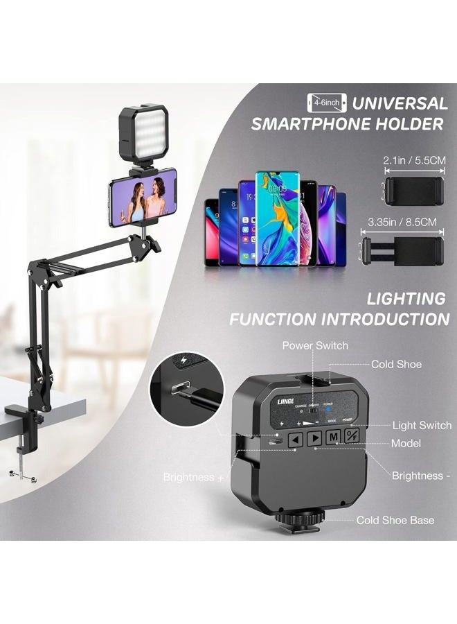 Overhead Phone Mount, Articulating Arm Cell Phone Holder with LED Light, Flexible Phone Stand for Live Streaming, Video Recording, Painting Lighting, Cooking