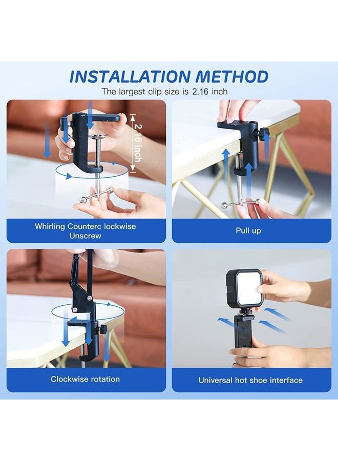 Overhead Phone Mount, Articulating Arm Cell Phone Holder with LED Light, Flexible Phone Stand for Live Streaming, Video Recording, Painting Lighting, Cooking