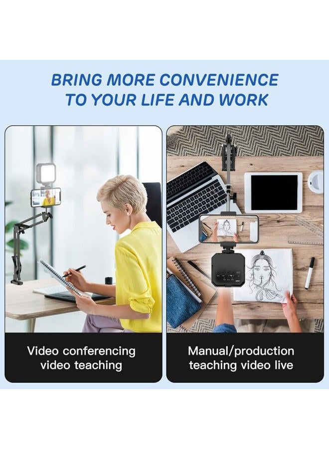 Overhead Phone Mount, Articulating Arm Cell Phone Holder with LED Light, Flexible Phone Stand for Live Streaming, Video Recording, Painting Lighting, Cooking
