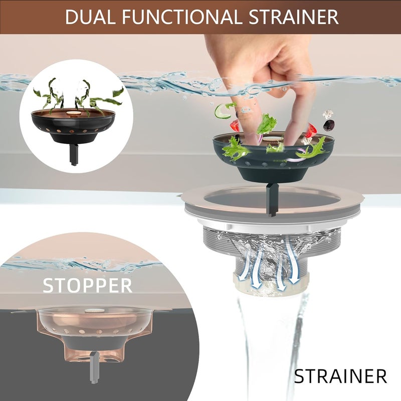 Exakey Kitchen Sink Drain Copper 3-1/2 Inch Stainless Steel Kitchen Drain Strainer Assembly Kit with Strainer Basket and Drain Stopper for Standard Sink Drains Antique Copper - Image 2