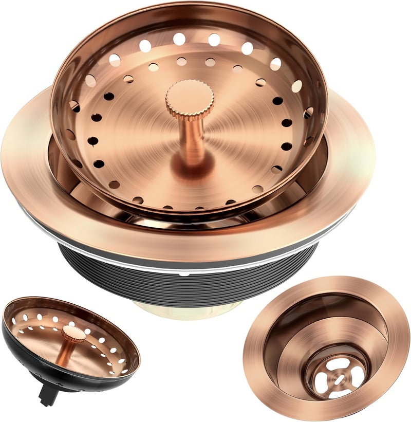 Exakey Kitchen Sink Drain Copper 3-1/2 Inch Stainless Steel Kitchen Drain Strainer Assembly Kit with Strainer Basket and Drain Stopper for Standard Sink Drains Antique Copper - Image 1