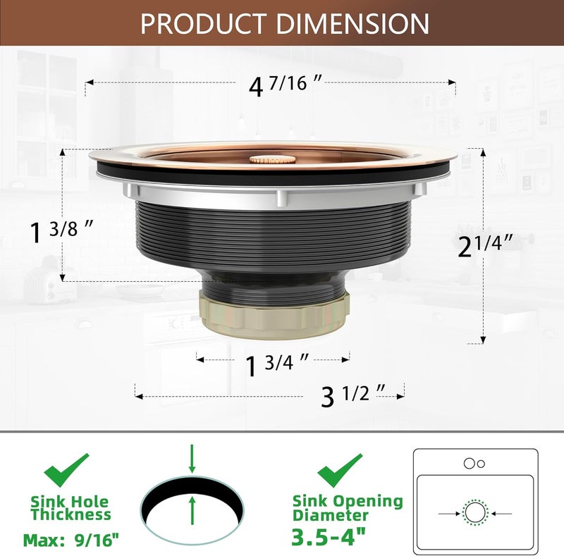 Exakey Kitchen Sink Drain Copper 3-1/2 Inch Stainless Steel Kitchen Drain Strainer Assembly Kit with Strainer Basket and Drain Stopper for Standard Sink Drains Antique Copper - Image 5