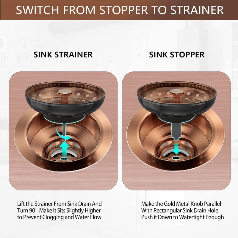 Exakey Kitchen Sink Drain Copper 3-1/2 Inch Stainless Steel Kitchen Drain Strainer Assembly Kit with Strainer Basket and Drain Stopper for Standard Sink Drains Antique Copper - Image 3