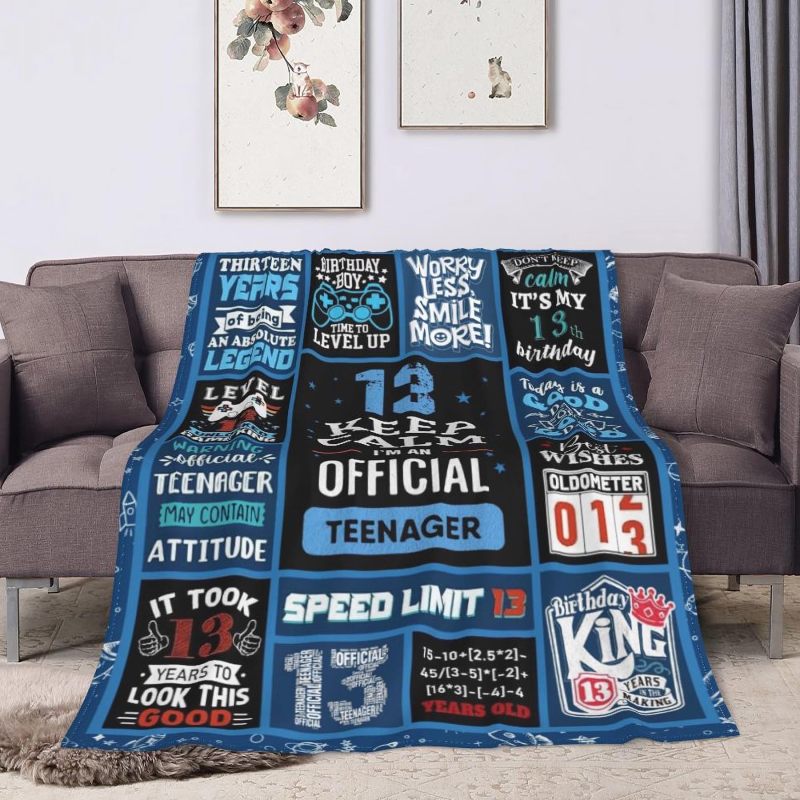 13th Birthday Blanket: 50 By 60 Inches Blue Ultra-Soft Premium Flannel - Milestone Gaming Themed Design, Reusable Blanket for Teen Boys, Couch, Bed, Camping & Gifting Occasions - Image 2