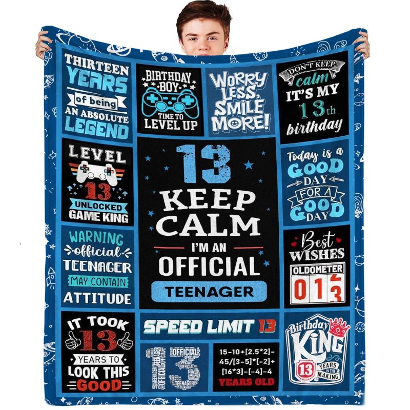 13th Birthday Blanket: 50 By 60 Inches Blue Ultra-Soft Premium Flannel - Milestone Gaming Themed Design, Reusable Blanket for Teen Boys, Couch, Bed, Camping & Gifting Occasions - Image 1