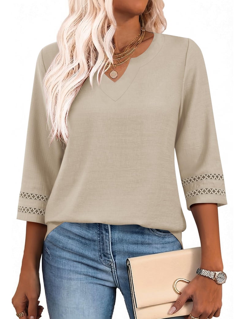 LOMON Women's 3/4 Sleeve Tops V Neck Shirts for Women Blouses for Women Casual Beach Vacation Clothes Hawaiian Shirts Light Khaki - Image 2