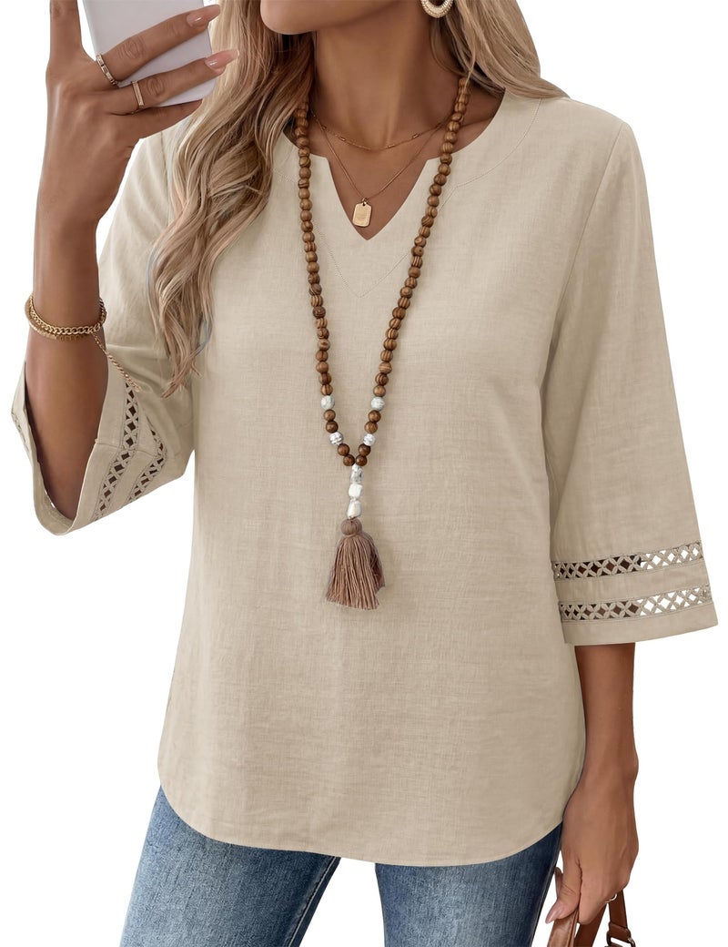 LOMON Women's 3/4 Sleeve Tops V Neck Shirts for Women Blouses for Women Casual Beach Vacation Clothes Hawaiian Shirts Light Khaki - Image 1
