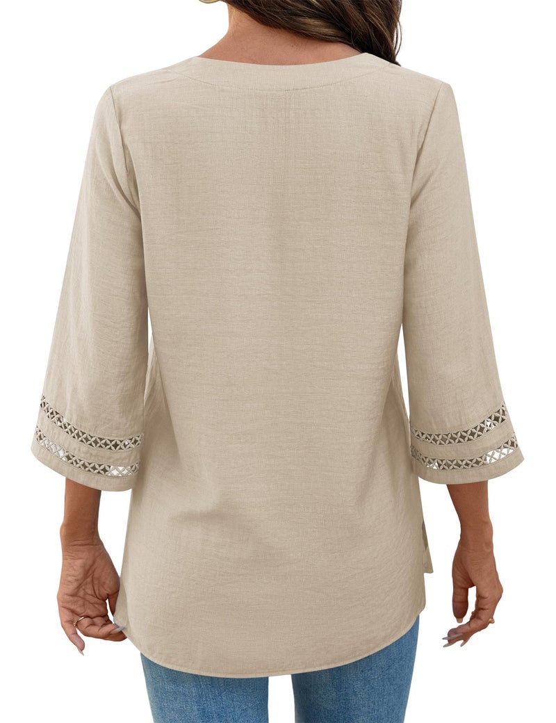 LOMON Women's 3/4 Sleeve Tops V Neck Shirts for Women Blouses for Women Casual Beach Vacation Clothes Hawaiian Shirts Light Khaki - Image 4