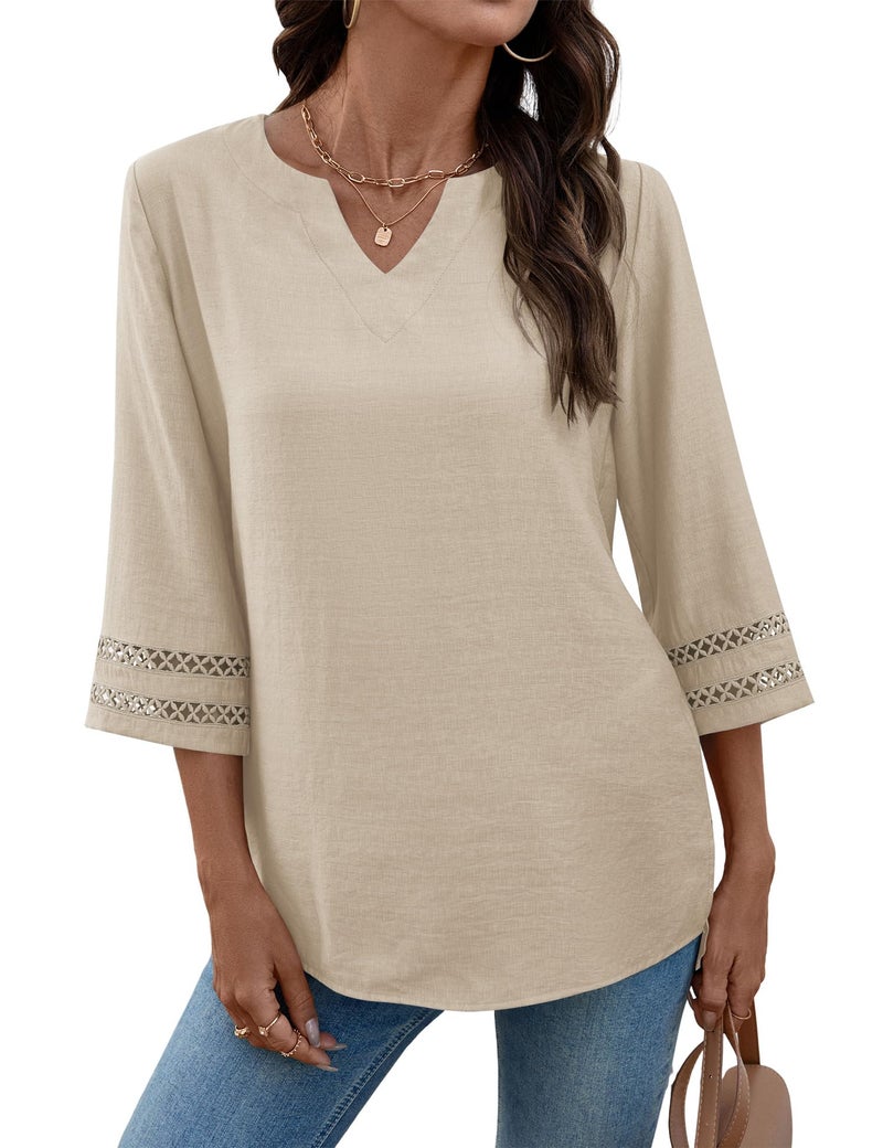LOMON Women's 3/4 Sleeve Tops V Neck Shirts for Women Blouses for Women Casual Beach Vacation Clothes Hawaiian Shirts Light Khaki - Image 3