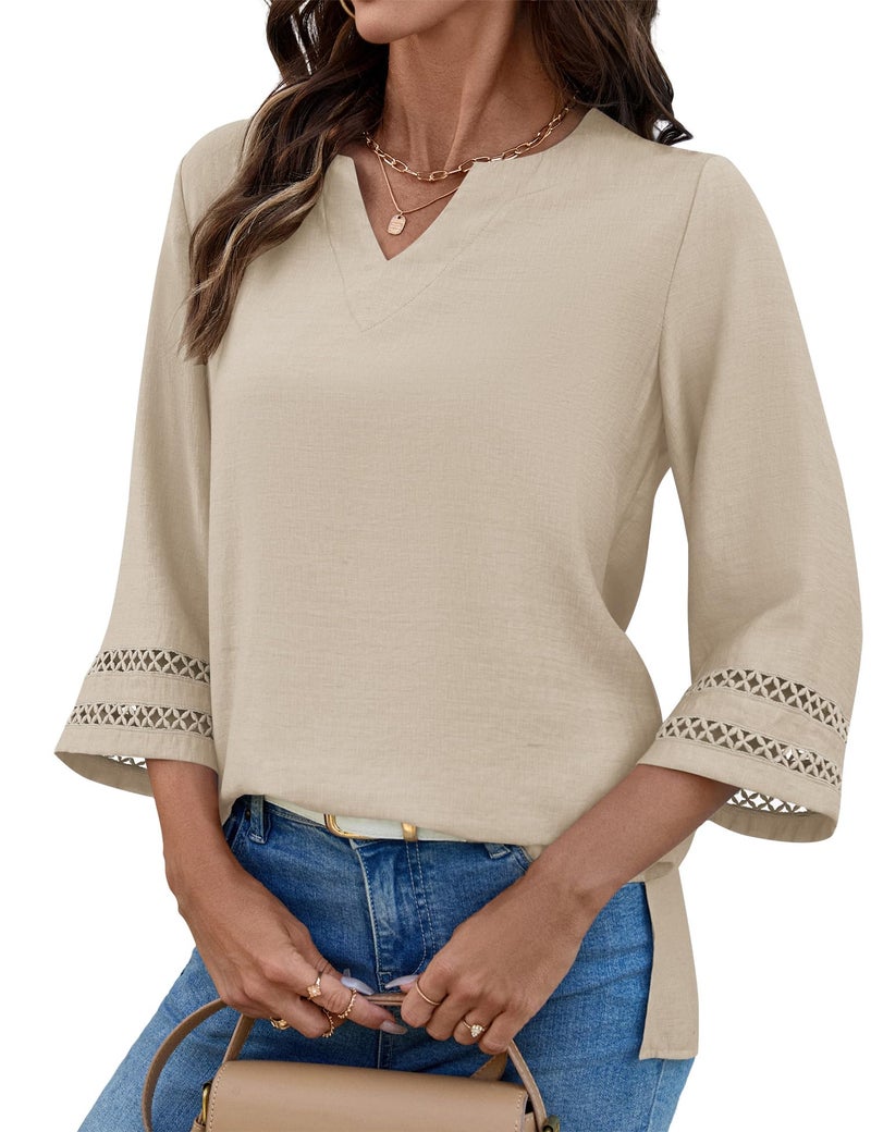 LOMON Women's 3/4 Sleeve Tops V Neck Shirts for Women Blouses for Women Casual Beach Vacation Clothes Hawaiian Shirts Light Khaki - Image 5