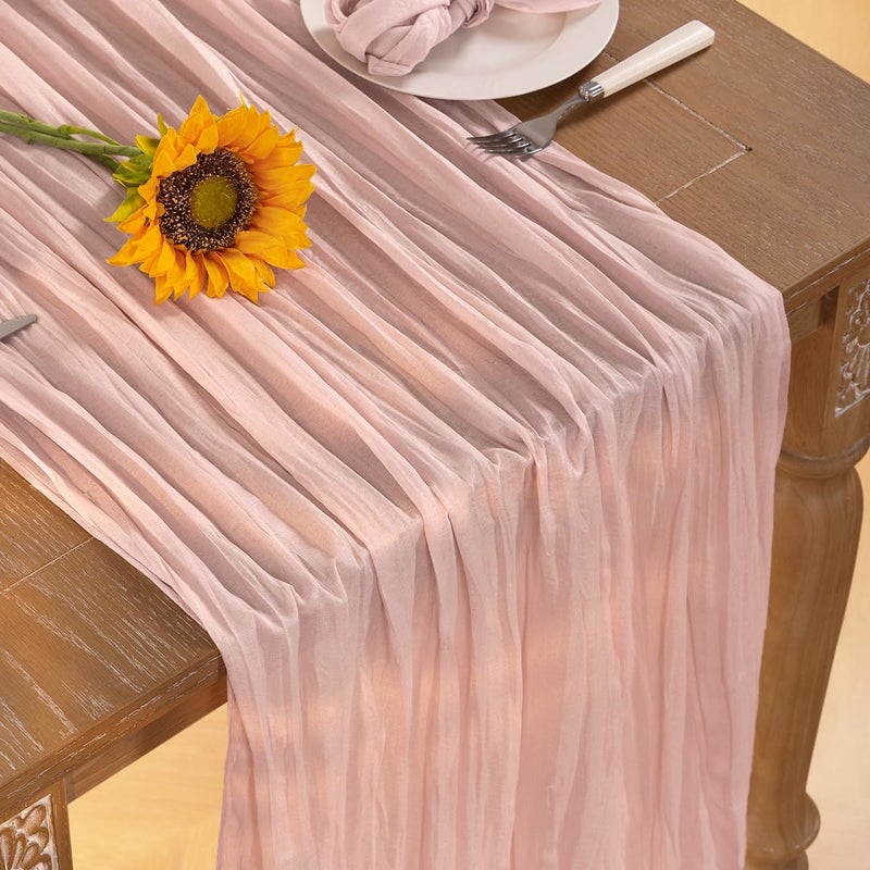 DeZerlor Pink Cheesecloth Table Runner Fall Table Runner Boho Gauze 120 Inches Light Pink Cheese Cloth Fall Table Decorations for Thanksgiving Wedding Bridal Girl Baby Shower Sweet 16 Party Decor