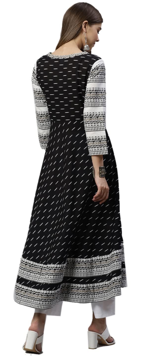 Yash Gallery Women's Cotton Slub Ikat Printed Flared Regular Fit Kurta For Women (1164Ykblack_Black_X-Small) - Image 4