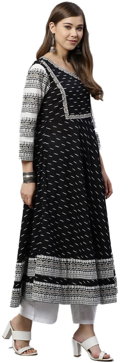 Yash Gallery Women's Cotton Slub Ikat Printed Flared Regular Fit Kurta For Women (1164Ykblack_Black_X-Small) - Image 2