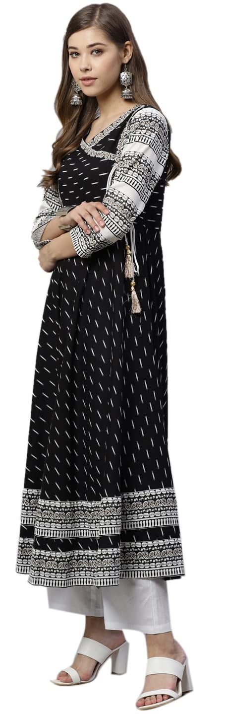 Yash Gallery Women's Cotton Slub Ikat Printed Flared Regular Fit Kurta For Women (1164Ykblack_Black_X-Small) - Image 3