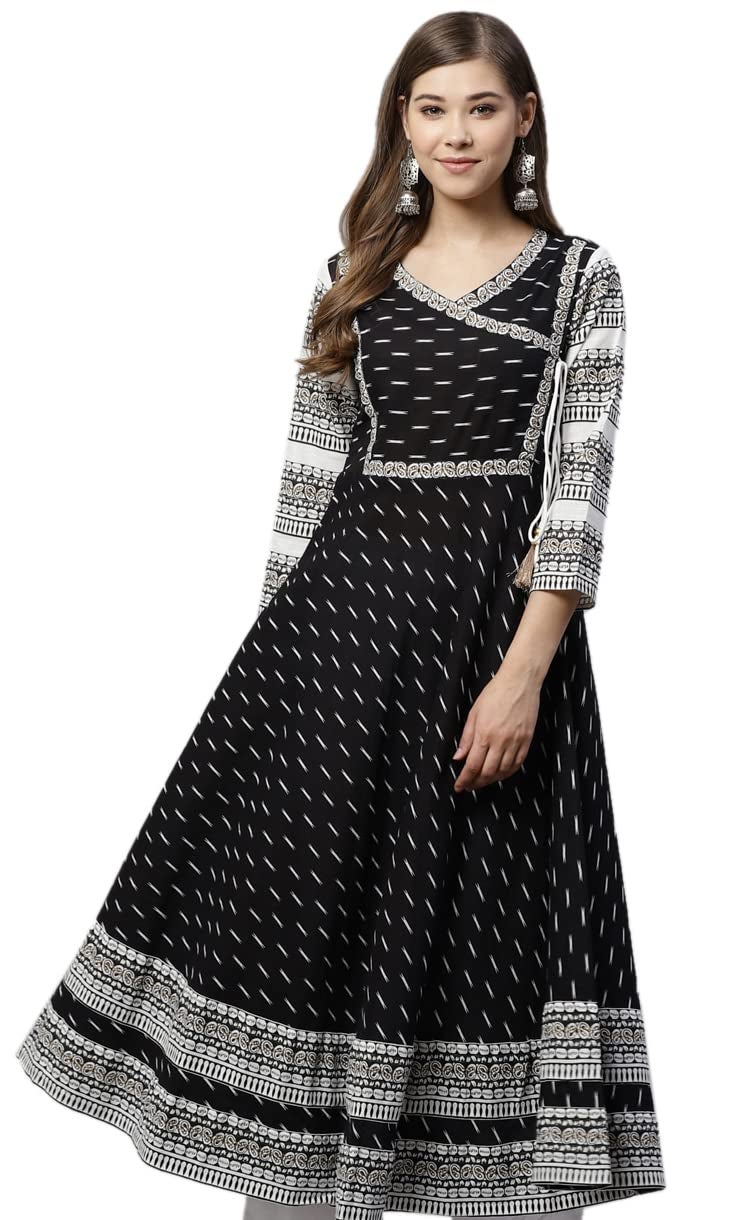 Yash Gallery Women's Cotton Slub Ikat Printed Flared Regular Fit Kurta For Women (1164Ykblack_Black_X-Small) - Image 1