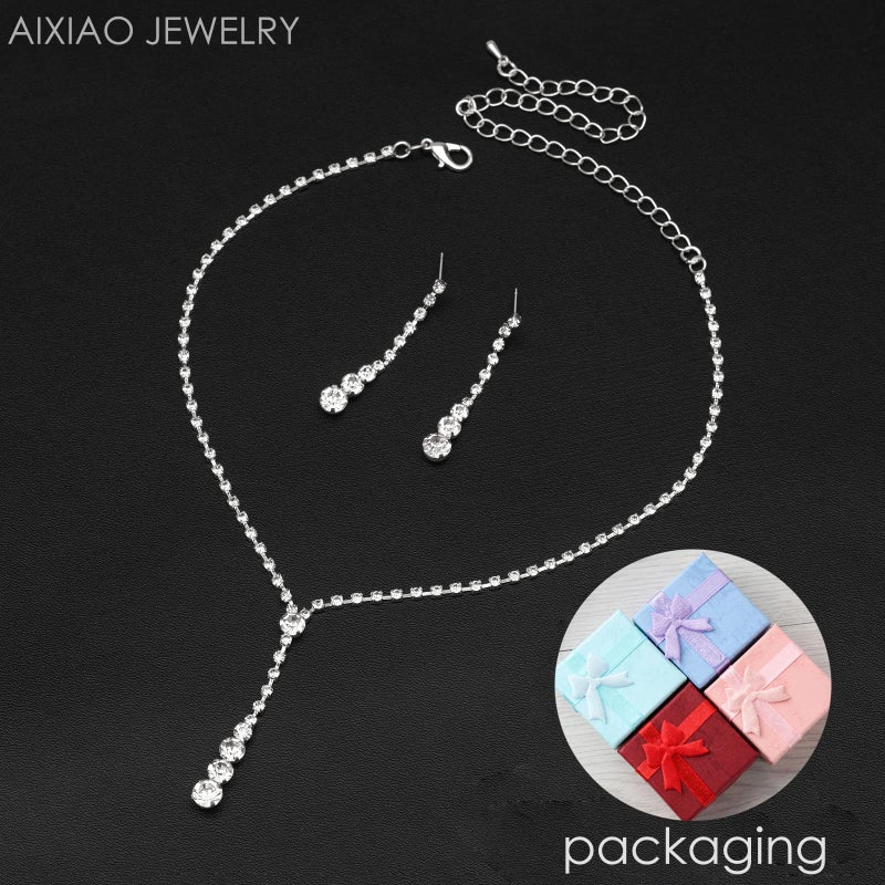 Aixiao Elegant Silver Necklace Earrings Bracelet Crystal Bridal Wedding Jewelry Sets for Brides Bridesmaid Prom Costume Accessories - Image 3
