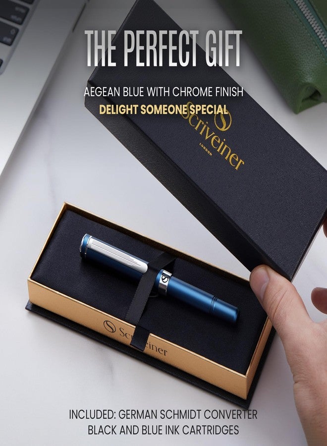 Scriveiner Luxury EDC Fountain Pen (Medium), Stunning Matt Blue Pocket Pen, Chrome Finish, Schmidt German Nib, Converter, Best Writing Pen Gift Set for Men & Women, Nice Fancy Office Designer Pen - Image 3