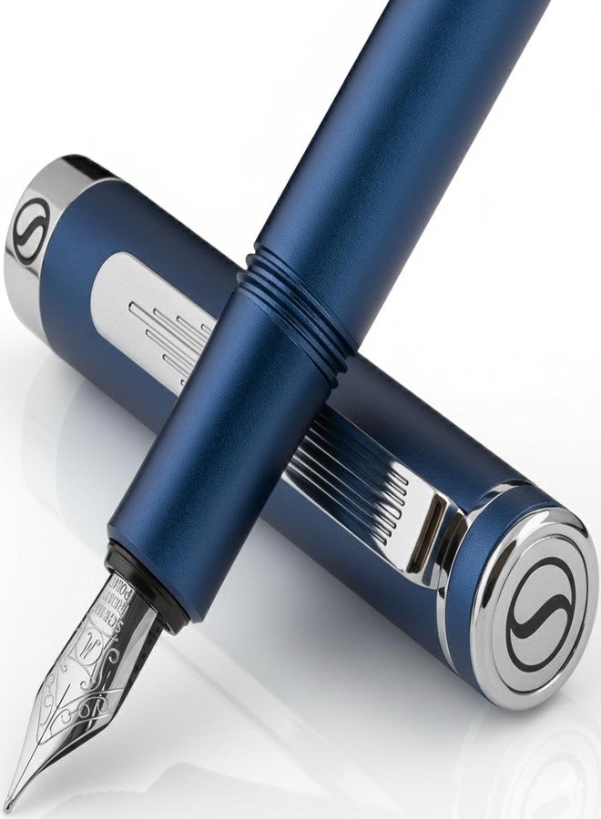 Scriveiner Luxury EDC Fountain Pen (Medium), Stunning Matt Blue Pocket Pen, Chrome Finish, Schmidt German Nib, Converter, Best Writing Pen Gift Set for Men & Women, Nice Fancy Office Designer Pen - Image 1