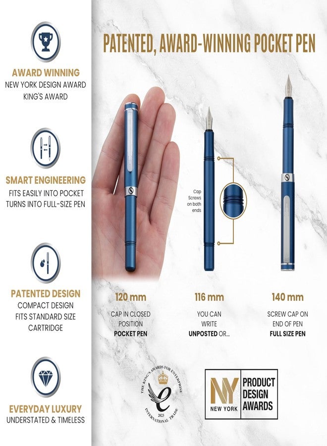 Scriveiner Luxury EDC Fountain Pen (Medium), Stunning Matt Blue Pocket Pen, Chrome Finish, Schmidt German Nib, Converter, Best Writing Pen Gift Set for Men & Women, Nice Fancy Office Designer Pen - Image 4