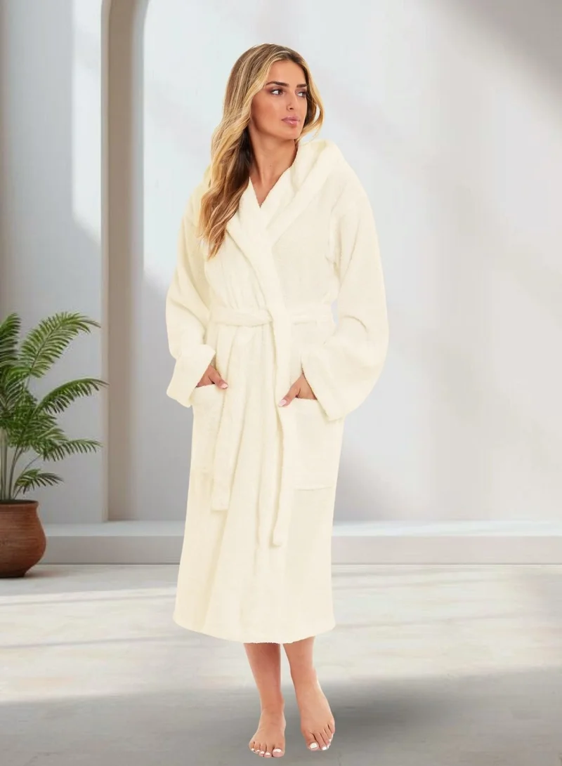 1Chase L/XL Unisex Hooded Bathrobe Vanilla (L/XL) – Premium Cotton, Plush, And Absorbent Robe for Adults, Off-White Spa, Hotel Style for Women | Best Price UAE