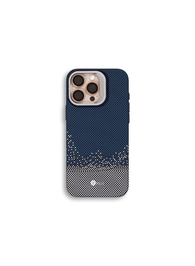YNOT MagSafe carbon fiber protection case with camera stand for iPhone 14  -  Blue dotted white - Image 1