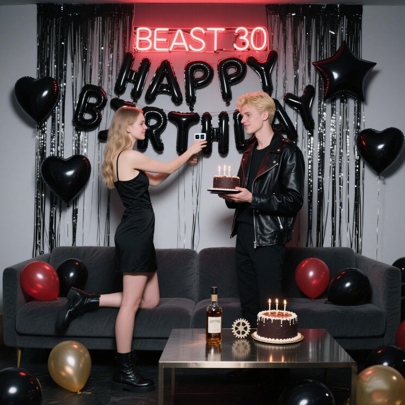 WEIKA 29 Pcs Black Birthday Party Decorations - Happy Birthday Balloons Banner, Heart & Star Foil Balloon, Confetti & Latex Balloons, Foil Fringe Curtains Party Supplies for Men - Image 3