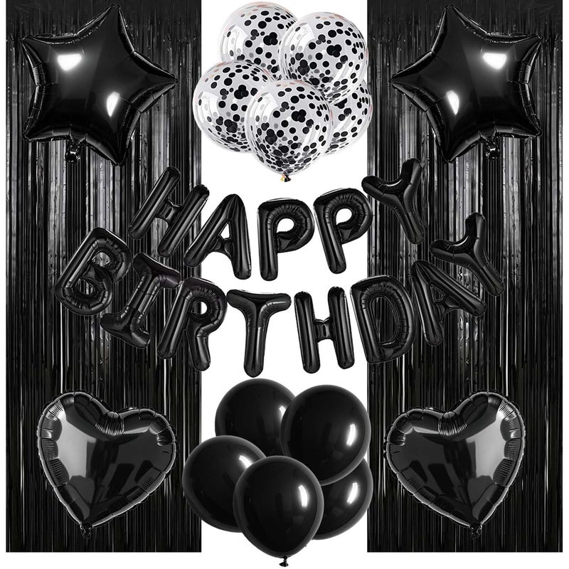 WEIKA 29 Pcs Black Birthday Party Decorations - Happy Birthday Balloons Banner, Heart & Star Foil Balloon, Confetti & Latex Balloons, Foil Fringe Curtains Party Supplies for Men - Image 1