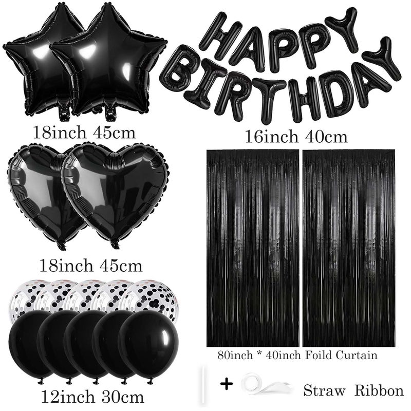 WEIKA 29 Pcs Black Birthday Party Decorations - Happy Birthday Balloons Banner, Heart & Star Foil Balloon, Confetti & Latex Balloons, Foil Fringe Curtains Party Supplies for Men - Image 2