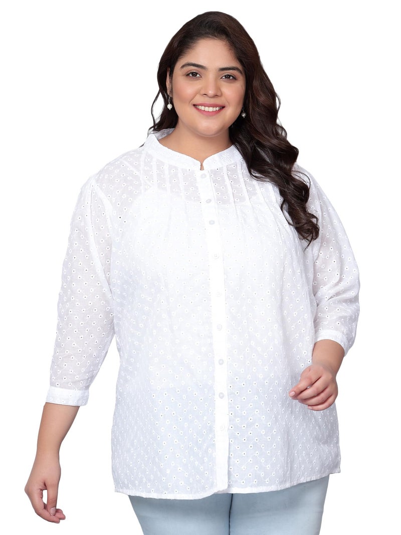Indietoga Women's Pure Cotton Plus Size Longline Regular Fit Tunic Tops (10001438_White Chikankari Embroidered_7Xl) - Image 1