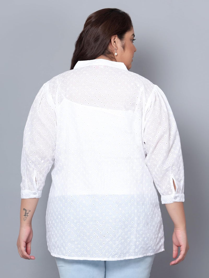 Indietoga Women's Pure Cotton Plus Size Longline Regular Fit Tunic Tops (10001438_White Chikankari Embroidered_7Xl) - Image 3