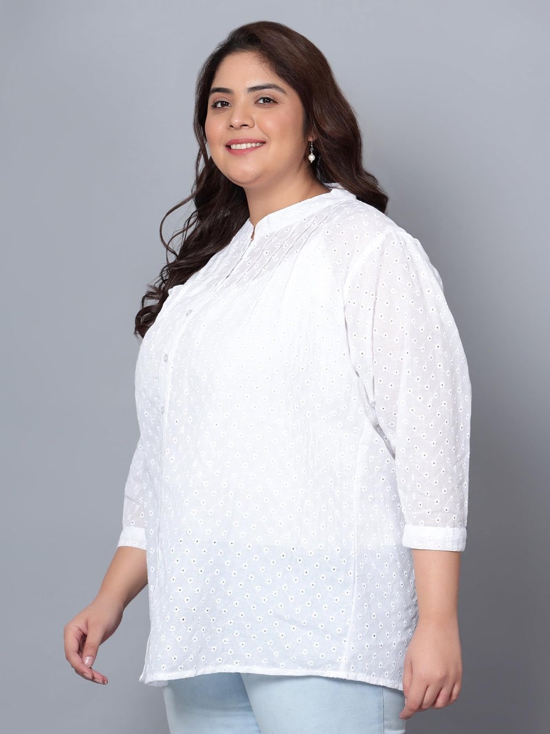 Indietoga Women's Pure Cotton Plus Size Longline Regular Fit Tunic Tops (10001438_White Chikankari Embroidered_7Xl) - Image 5
