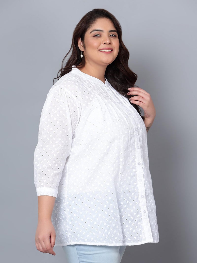 Indietoga Women's Pure Cotton Plus Size Longline Regular Fit Tunic Tops (10001438_White Chikankari Embroidered_7Xl) - Image 4