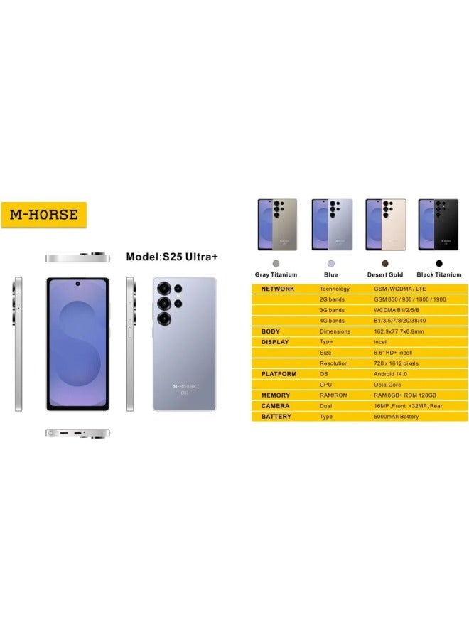 M-Horse S25 Ultra Plus Mobile Phone, 8GB RAM, 128GB ROM, 5000mAh Battery, 6.6" Incell Display, 32MP Camera, 4G LTE - Gray Titanium - Image 3