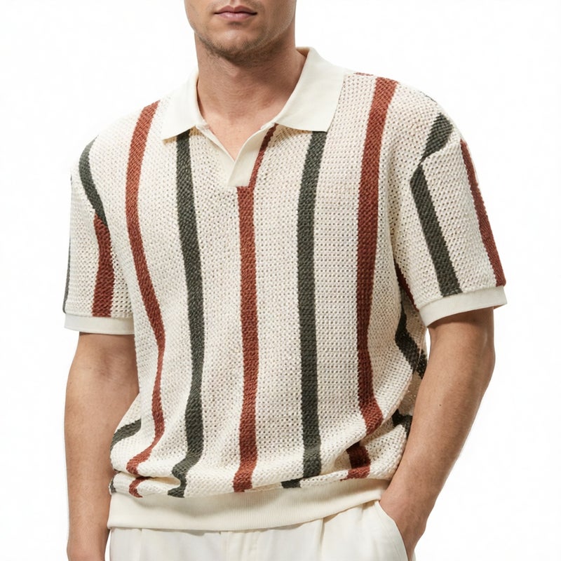 Mens Striped Knit Polo Shirt with Mesh Design Casual Loose Fit Top