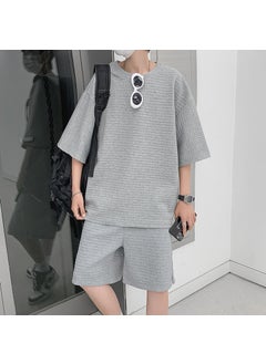 Waffle Sports Suit for Boys with a Set of Handsome Short-Sleeved T-Shirts Trendy Brand Ins Summer Heavyweight Gray suit