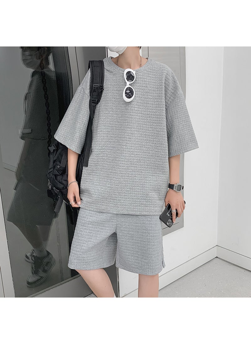 Generic - Waffle Sports Suit for Boys with a Set of Handsome Short-Sleeved T-Shirts Trendy Brand Ins Summer Heavyweight Gray suit - Image 1
