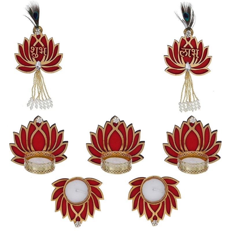 Sanvatsar Home Decorative Lotus Wall Hanging Shubh Labh Diya Set Diwali Decoration Home Decoration Red