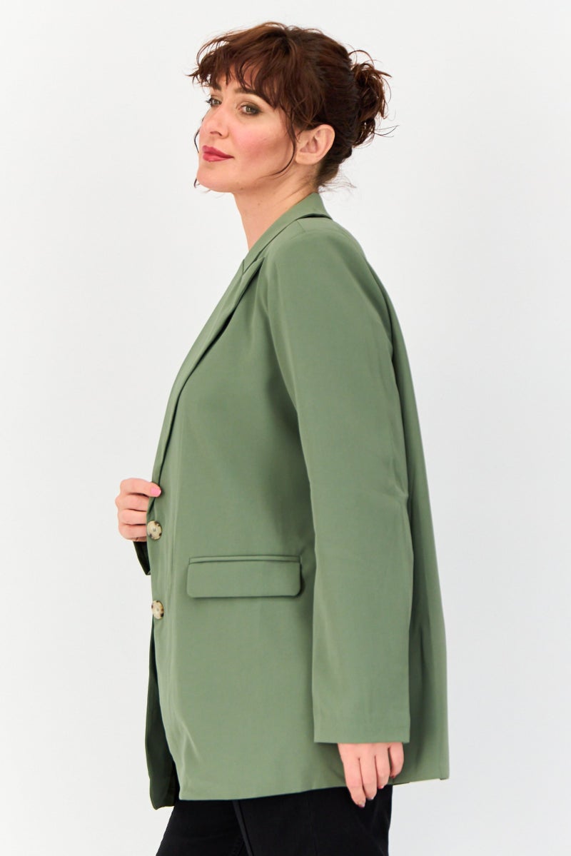 Archive Design Studio Women Regular Fit Plain Casual Blazer, Olive  - Image 2
