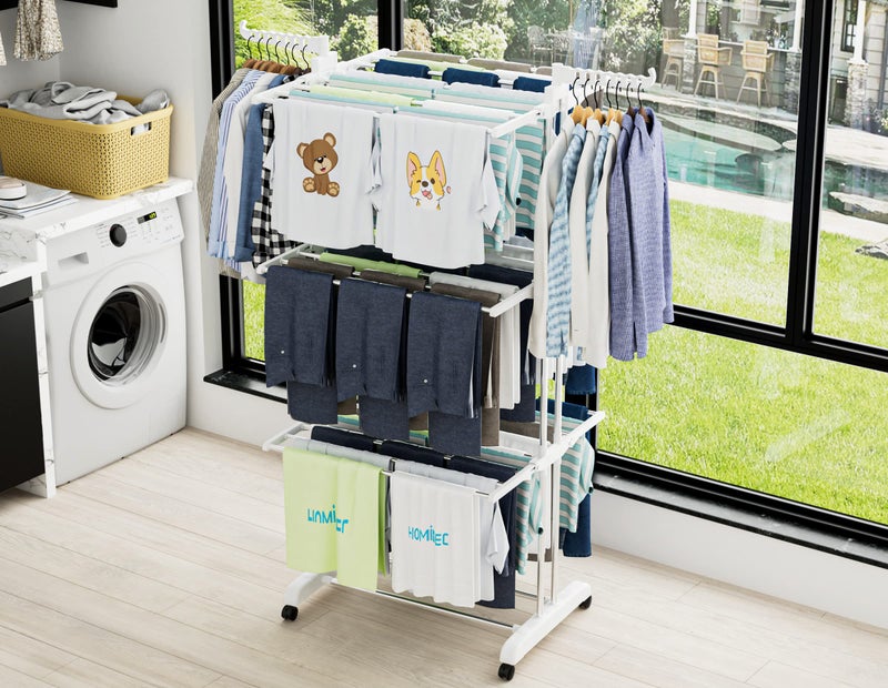 HOMIDEC Clothes Drying Rack, Large 4-Tier Foldable Drying Rack Clothing(67.7H x 19.7W x 30L Inches), Movable with 4 Castors. Multifunctional Stainless Steel Laundry Drying Rack, White - Image 3
